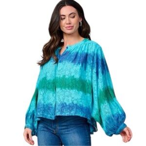 NJ Couture Ombre Lace Blouse with Balloon Sleeves